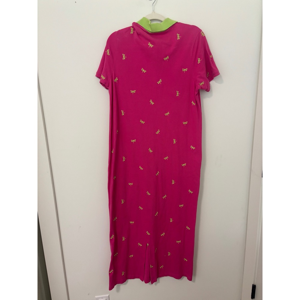 Quacker Factory Pink Lime Hippie Boho Y2K 00s Dragonfly Polo Maxi Dress Women M - Picture 2 of 6